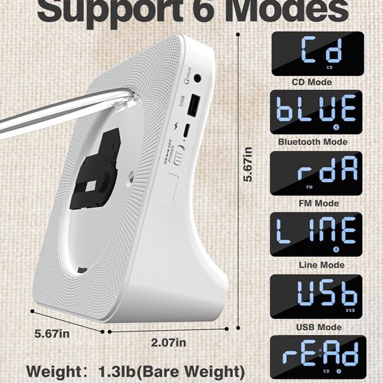 CD speler-cd speler draagbare-Draagbare muziekspeler- Met Stofkap en Afstandsbediening -Oplaadbaar -Geschikt voor thuis- en kantoorgebruik- Wit — afbeelding 3