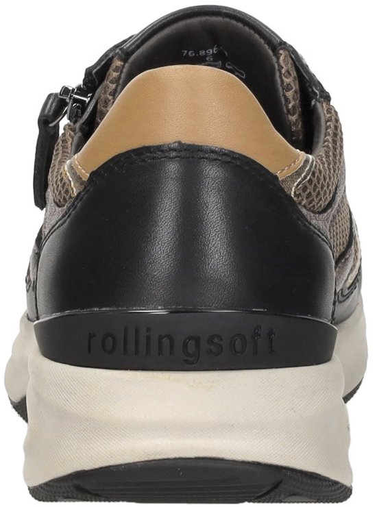 Achterkant van de zwarte Gabor Rollingsoft sneaker met een bruine hielkap en het merkopdruk 'rollingsoft'.