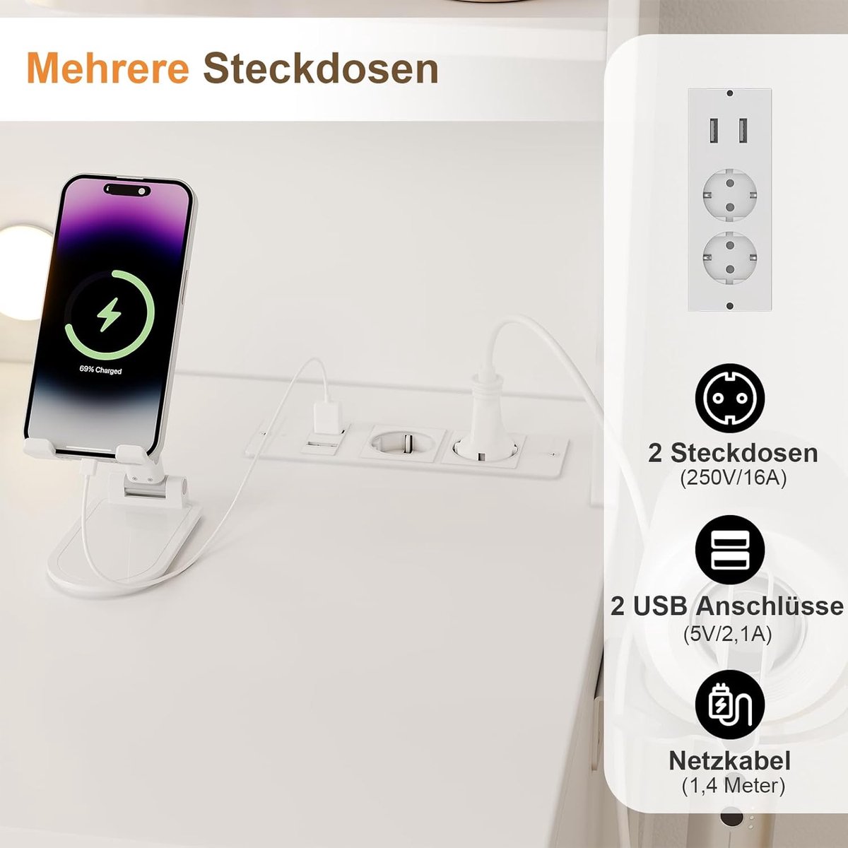 Make-uptafel met LED Spiegel en Stopcontact – ABTkantoor Luxe Kaptafel 110x40x137 cm – Wit – Inclusief Kruk – 7 Laden – 6 Open Vakken – 10 LED Lampen – Moderne Dressing Table