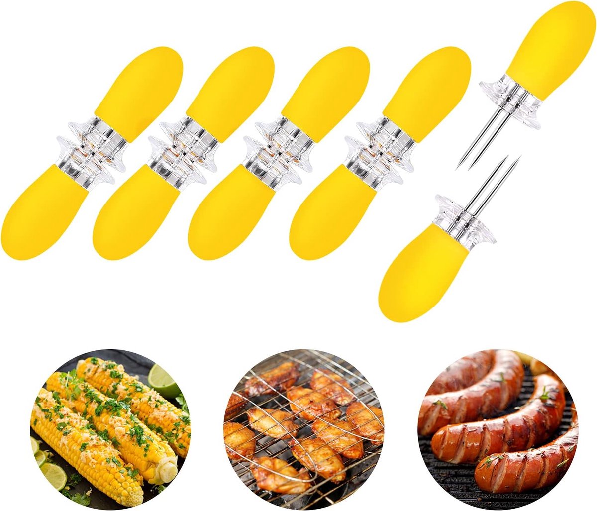 10 stuks/5 paar gele maïskolfhouders, roestvrijstalen vorken en spiesjes voor maïskolven, barbecuegereedschap