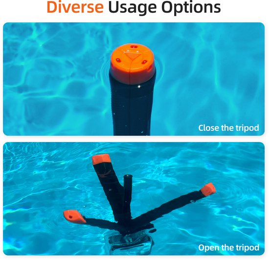 Orange dop op een zwarte staaf in water, 'Close the tripod'. Dezelfde staaf met drie oranje poten, 'Open the tripod'.