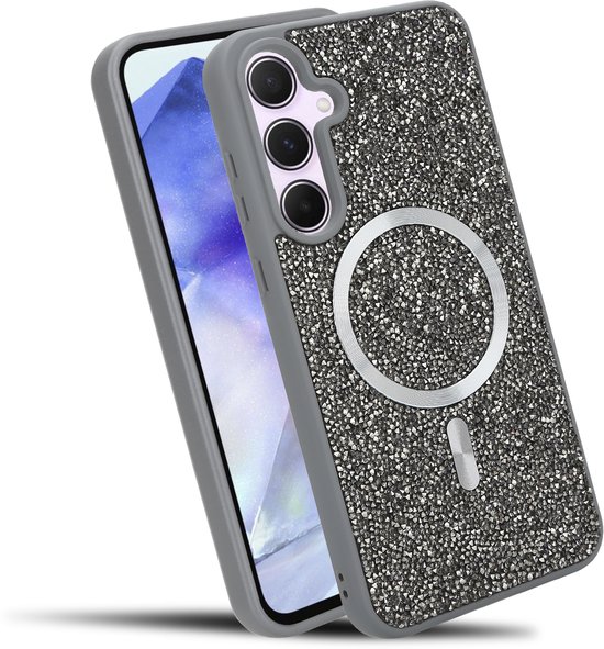 Coque de téléphone grise à paillettes avec anneau MagSafe et logo Samsung.