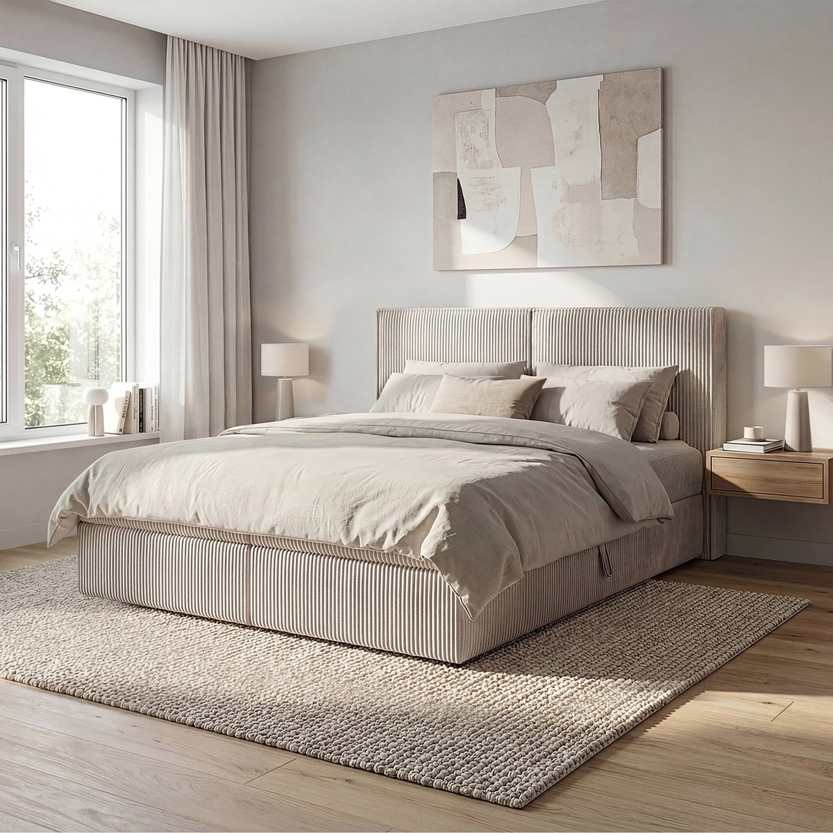 Meubella - Iro - Boxspring met opbergruimte - Ribstof beige 180x200 cm