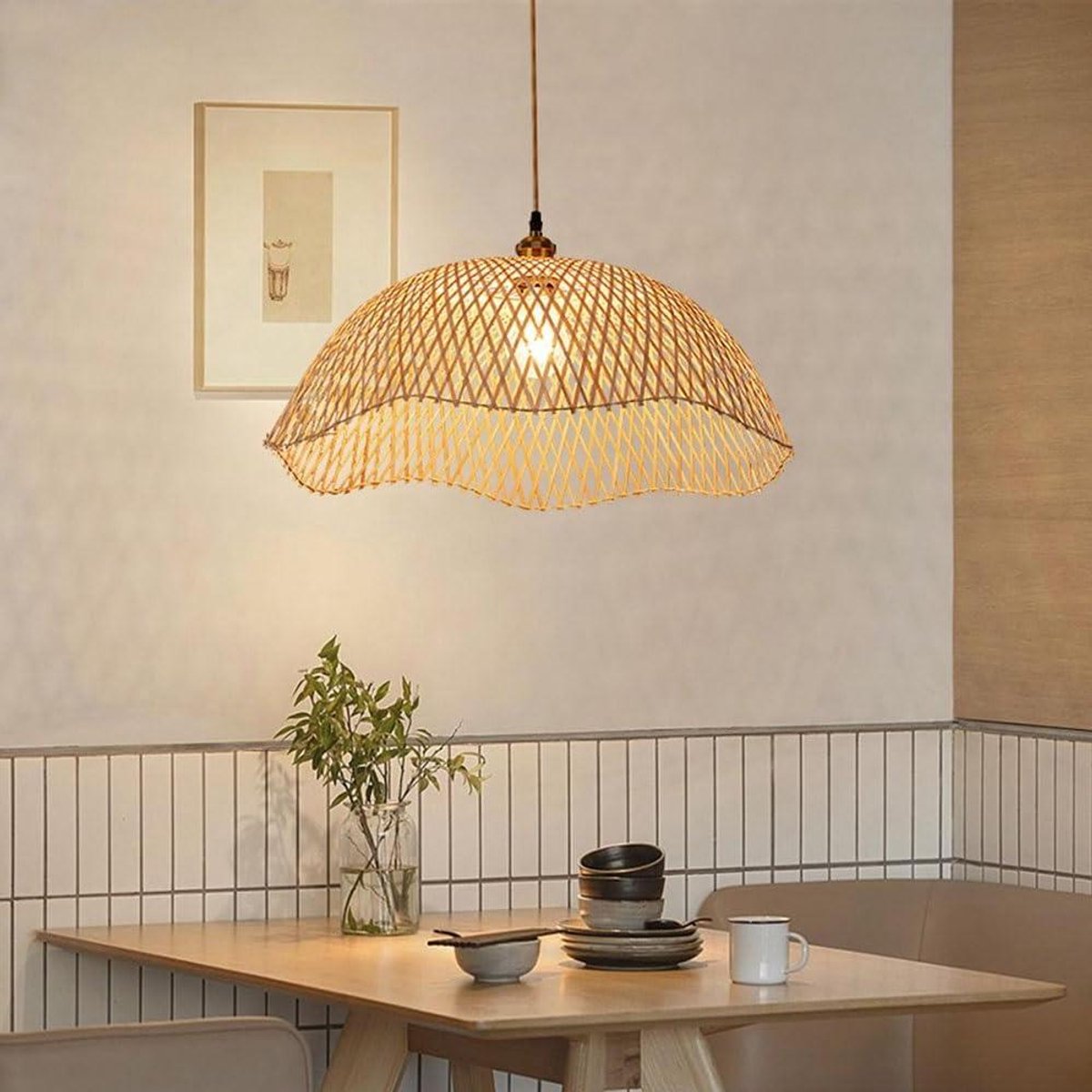 Bamboe Hanglamp - Rotan Kroonluchter - Sfeerverlichting Thuis - Handgeweven Eierschaal Vorm - 35 cm - Natuurlijk