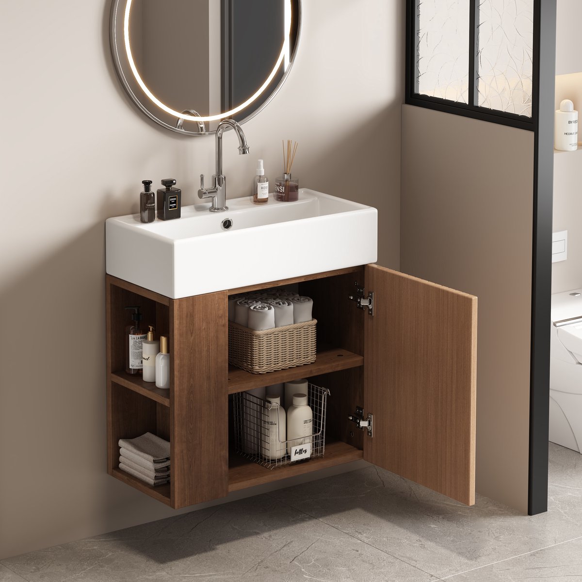 MODENUIT Badkamermeubel - Wastafel Met Opbergkast En Zijvakken - Voor Kleine Badkamer - MDF En Keramiek - Bruin