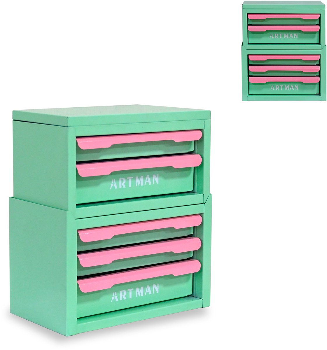 Dressoir Met 5 Lades - Stapelbaar Ontwerp Voor Bureau En Make-up - Metalen Opbergkast Voor Kantoor En Kamer - Staal - Groen En Roze - 36x24x39 Cm