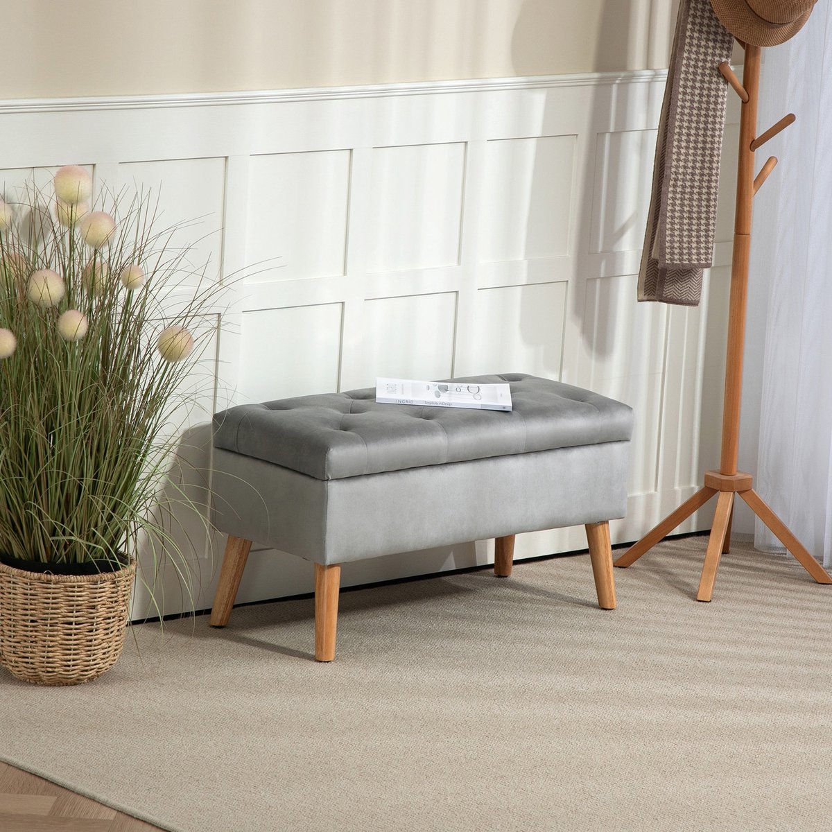 REDOM - Opbergbank - Met Deksel En Knopen - Modern - Voor Hal Of Slaapkamer - Polyester En Houten Poten - Grijs - 80 X 35 X 40 Cm
