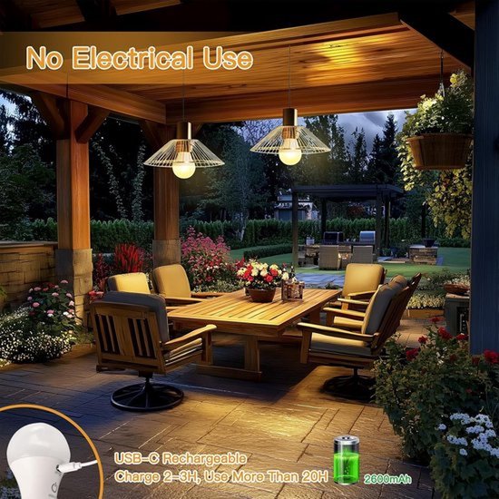 2 stuks oplaadbare lampen met afstandsbediening - E27 draadloze lamp op batterijen - LED-lampen voor thuis, kamperen en in de tent — afbeelding 4