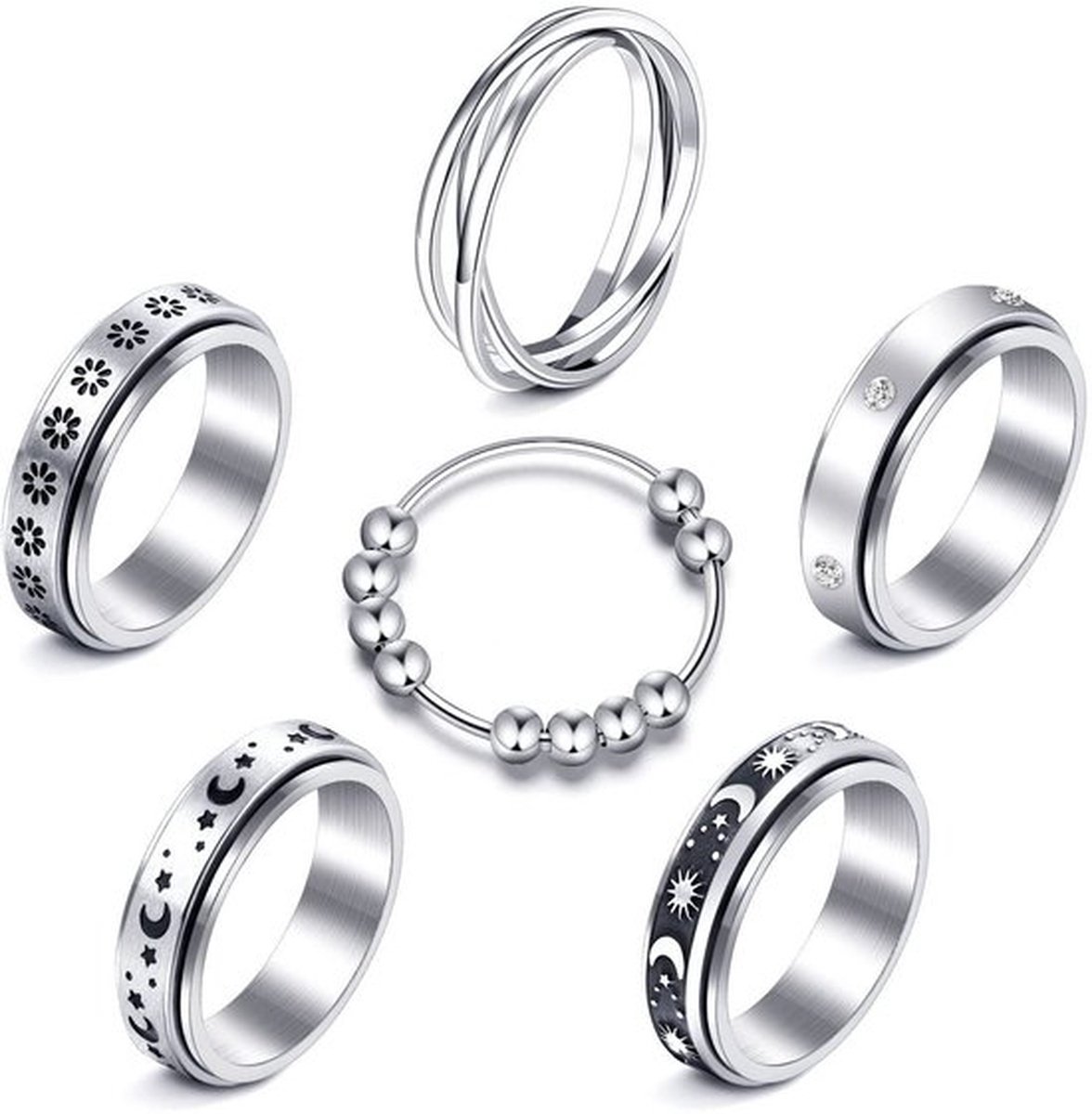 Fidgetringen tegen angst 6 stuks - Roestvrijstalen spinnerringen voor stressverlichting - Anti-stress ringen met maan en ster motief - 60mm voor dames en heren
