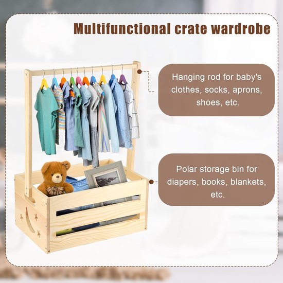 Multifunctioneel houten kledingrek met een bak onderaan voor opberging en een hangrek voor babykleding.