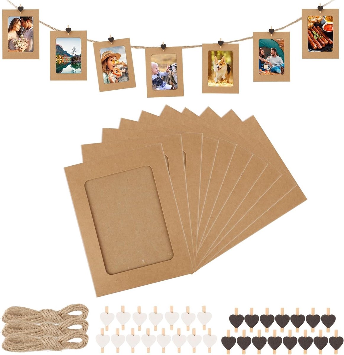 30 Stuks Kraft Papieren Fotolijsten 10 x 15 cm met Mini Houten Klemmen en Touw voor Feestjes, Bruiloften en DIY Decoratie