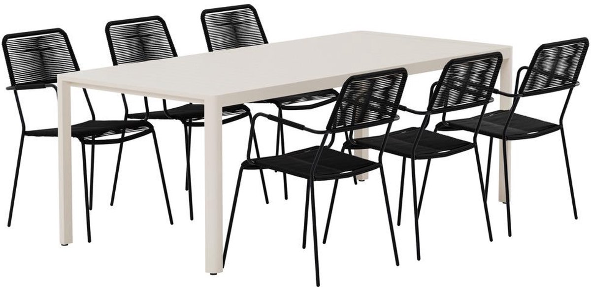 Svea - Valarie rechthoekige tuintafel - beige + 6x Thelma eetkamerstoelen - zwart
