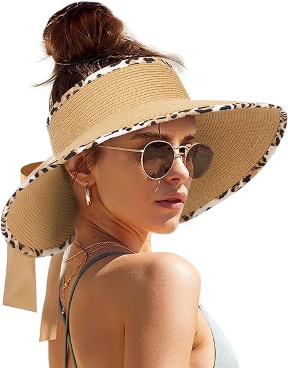 Ulisem - Dames Zonneklep Dames Zonnehoed Visor - Strohoed Met Brede Rand Open Top En Verstelbare Pasvorm - Opvouwbaar Voor Strand En Outdoor - Khaki luipaardprint