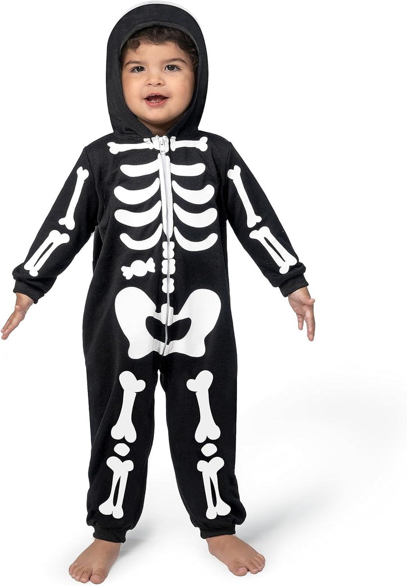 Baby Skelet Jumpsuit - Nachtkleding Kostuum - Feestdagen Verkleed - Ritssluiting Capuchon - Niet van toepassing - Zwart