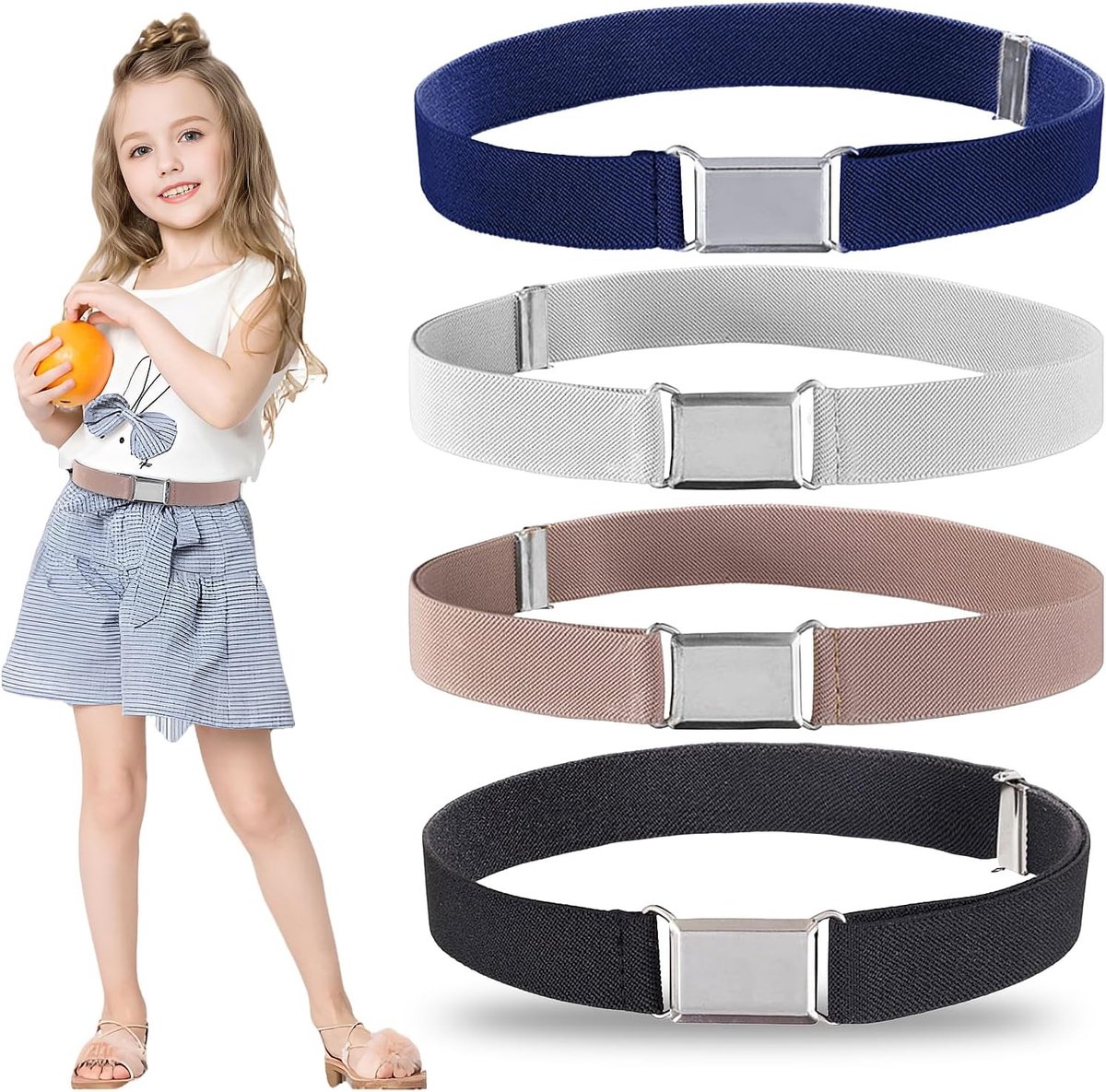 Set van 4 Elastische Kindergordels - Verstelbare Vierkante Gesp voor Jongens en Meisjes - Stretchy Riemen in Zwart, Zilver, Marineblauw en Roze voor Comfort en Stijl