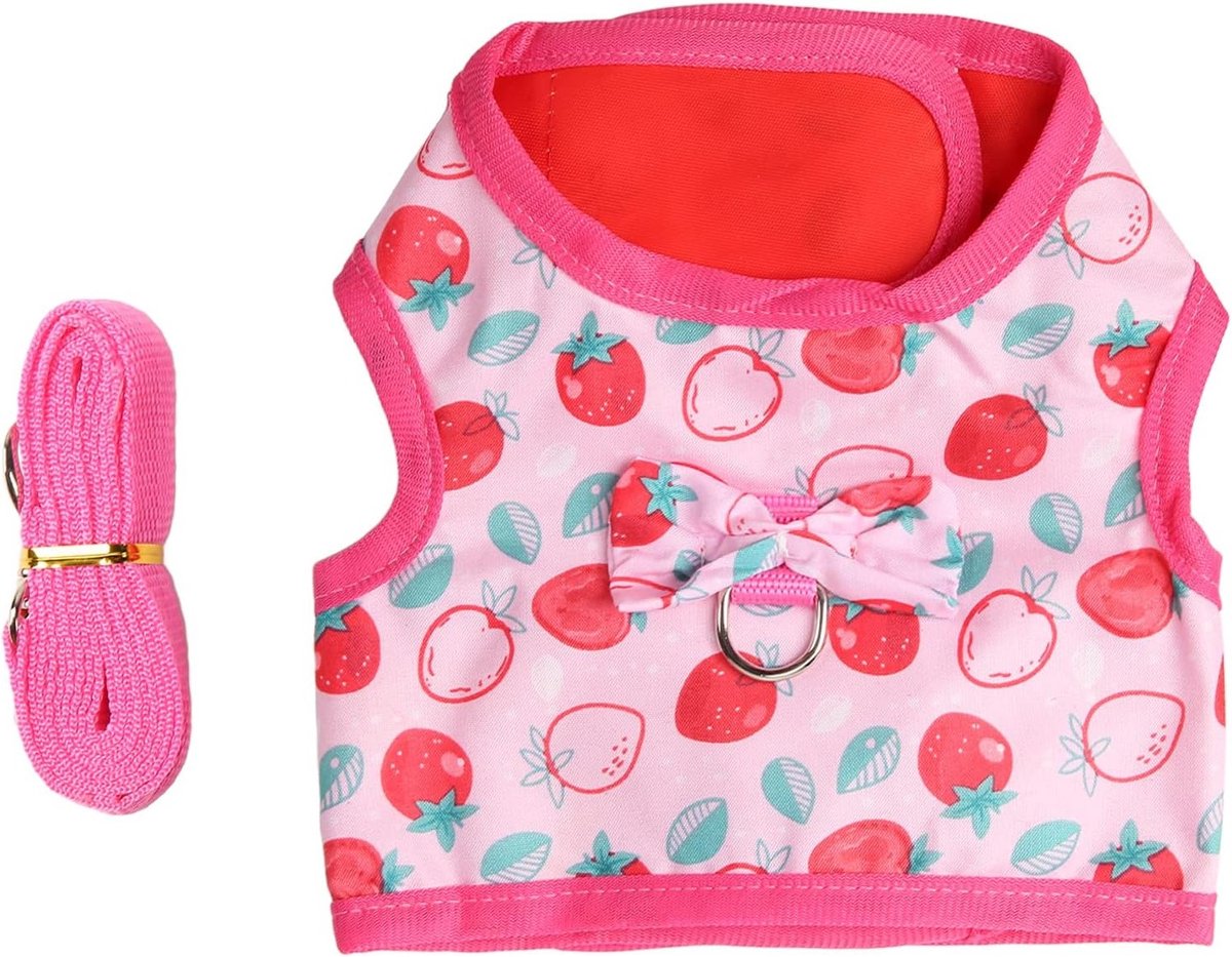Zachte Harnas met Band voor Konijnen, Cavia's, Kittens en Kleine Huisdieren - Duurzaam Polyester en Nylon, Aantrekkelijk Aardbeienpatroon, Ideaal voor Veilig Wandelen