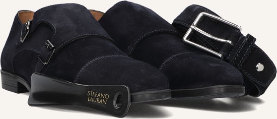 Donkerblauwe suède dubbele gespschoenen met gespen en riem, Stefano Lauran logo op schoen.