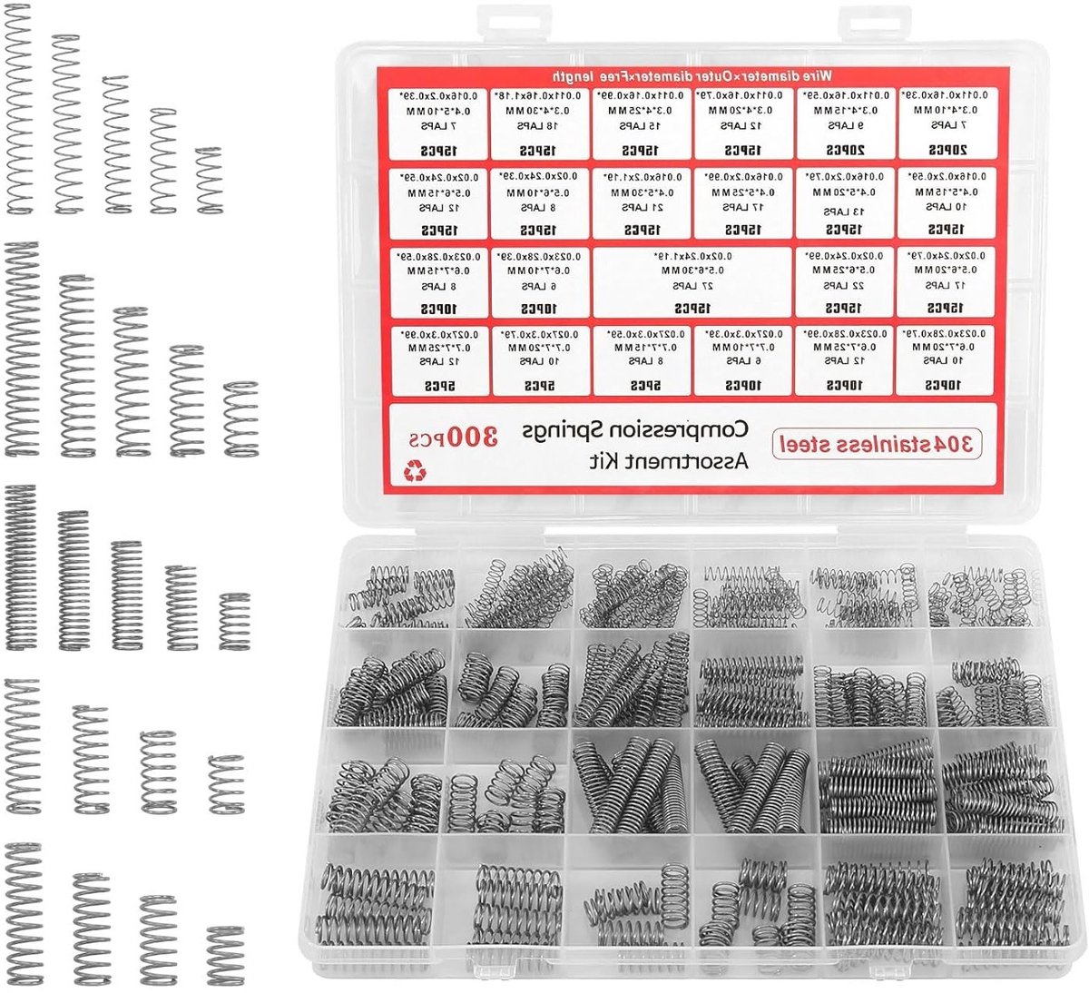 Set van 300 Stuks Compressieveren van Roestvrij Staal - 23 Verschillende Maten voor DIY Projecten, Auto Reparaties en Mechanische Toepassingen