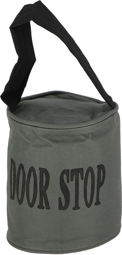 Cilindervormige grijze deurstopper met tekst 'DOOR STOP'.