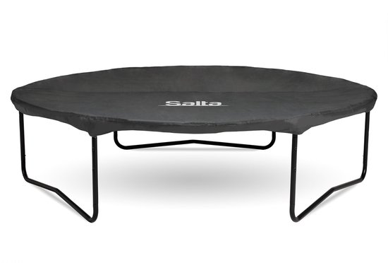 Zwarte ronde trampoline beschermhoes met "Salta" logo op stevige zwarte poten.