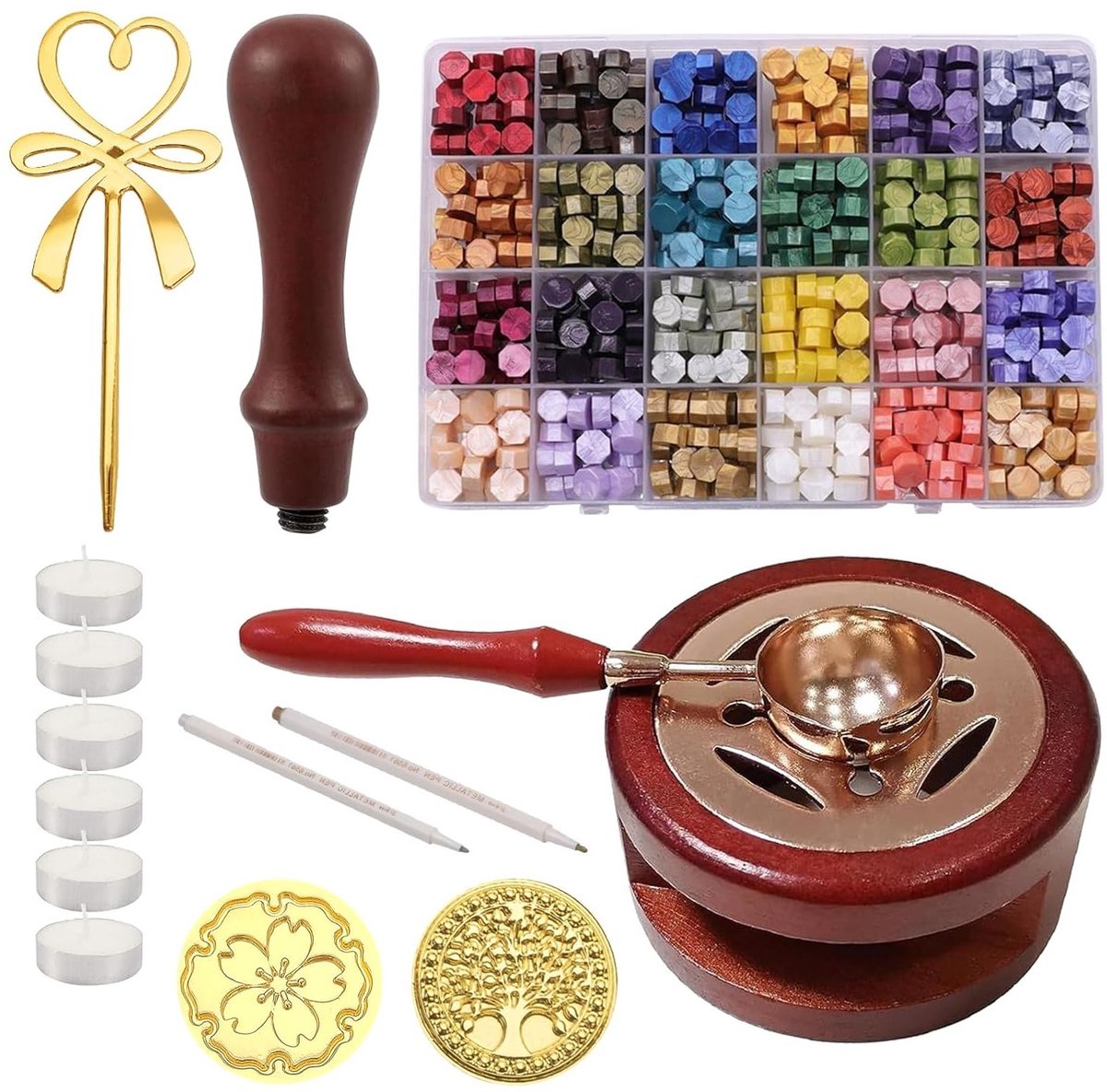 Set van 24 Kleuren Sealing Wax met 600 Stukken, Inclusief Metalen Wax Stempel, Verwarmingsgereedschap en Kaarsen voor Trouwen en DIY Decoratie