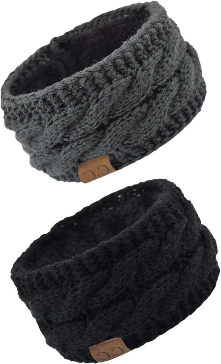 Dikke winterse hoofdband voor dames, 2-delig in zwart en donkergrijs, met fleece voering en oorwarmers, ideaal voor koude dagen