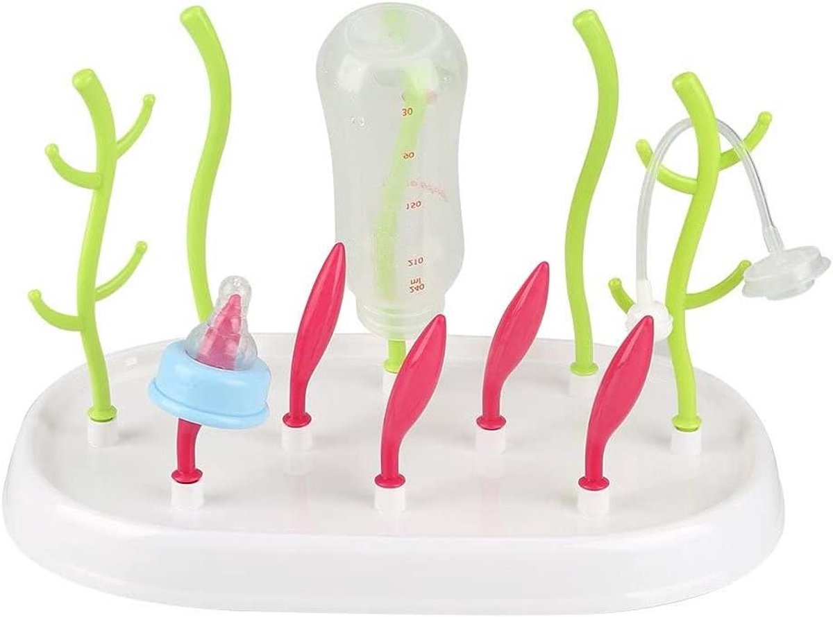 Flessenafdruiprek - Flessenhouder Droogrek - Babyflessen Drogen - Open Circulatie Ontwerp - 31.7 x 20 cm - Wit Groen Roze