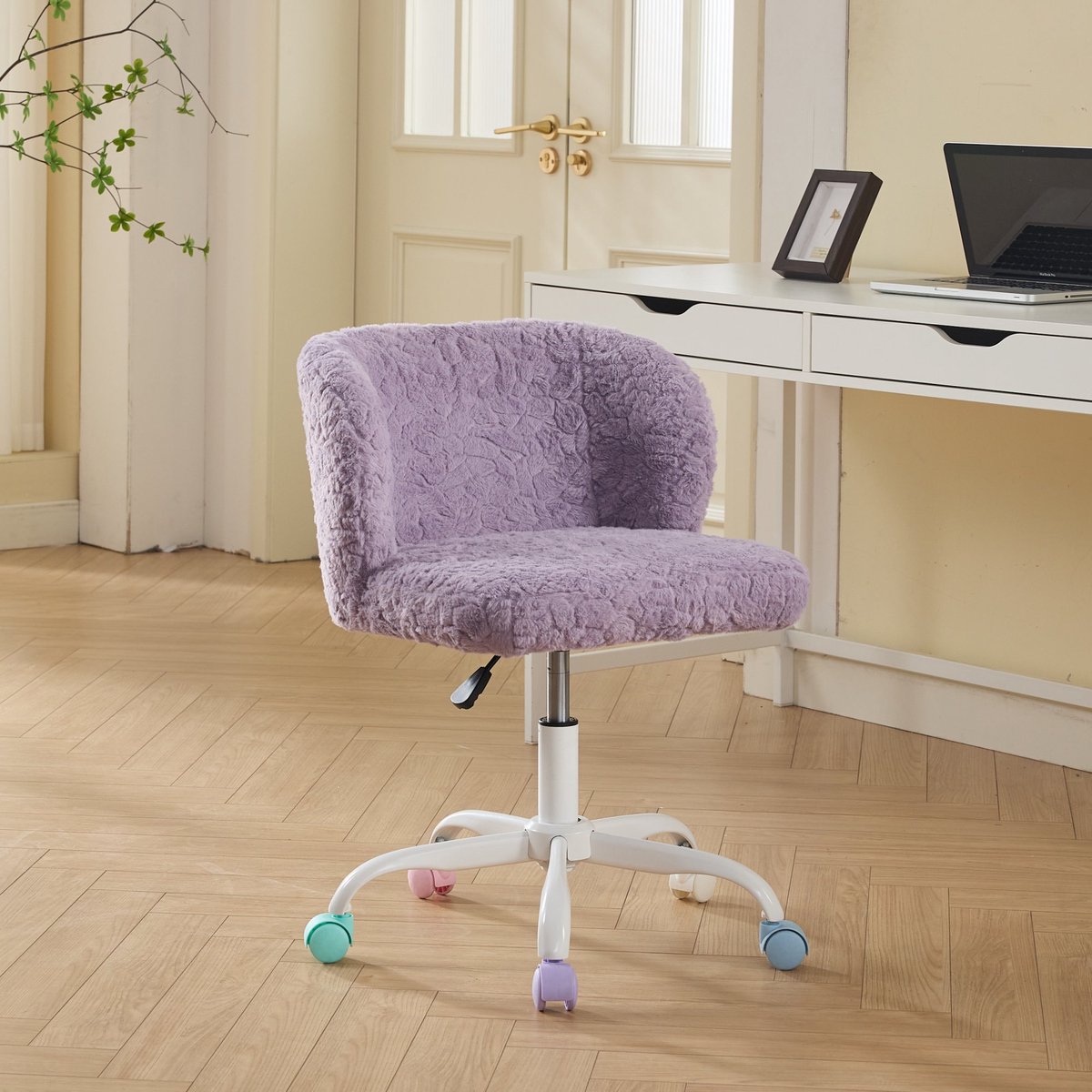 Intebiki bureaustoel - in hoogte verstelbaar - 360° draaibaar - geschikt voor bureaus en kaptafels - schattig en zacht - voorzien van stille wielen - make-upstoel - ergonomische bureaustoel - vrouwenstoel - Bureaustoel voor meisjes - paars