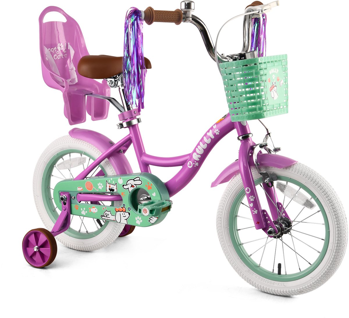 Vankel Kinderfiets 16 Inch – Met Steunwielen – Terugtraprem en Velgrem – Sterk Stalen Frame – Volledig Gesloten Kettingkast – Afneembare Fietsmand – Verstelbaar Zadel – Antislip Banden – Geschikt voor 2-4 Jaar – Duurzame Kinderfiets– Paars