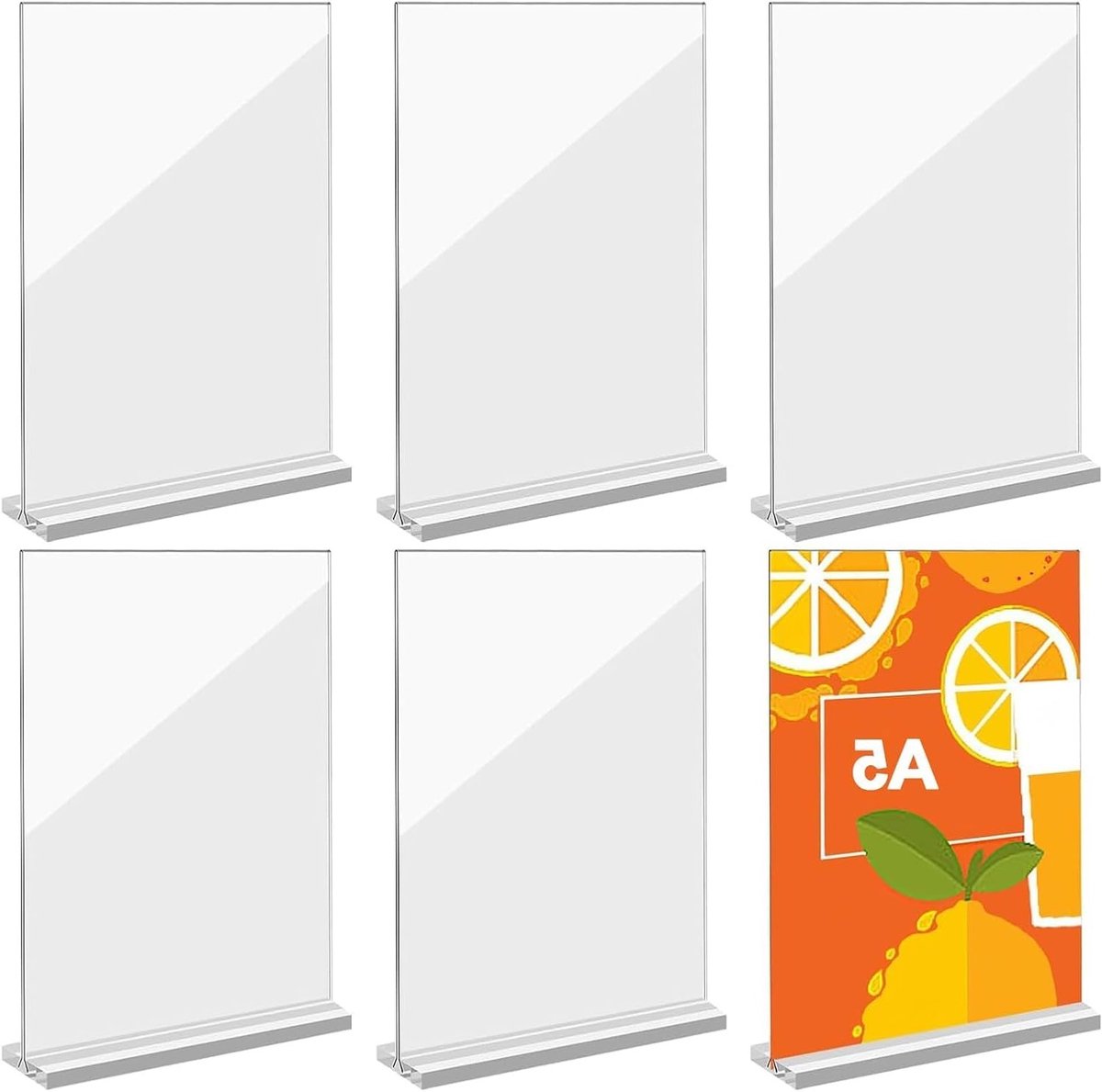 Set van 6 Tafelstandaards A5, Doorzichtige Acryl Menukaarthouders en Displaystandaards