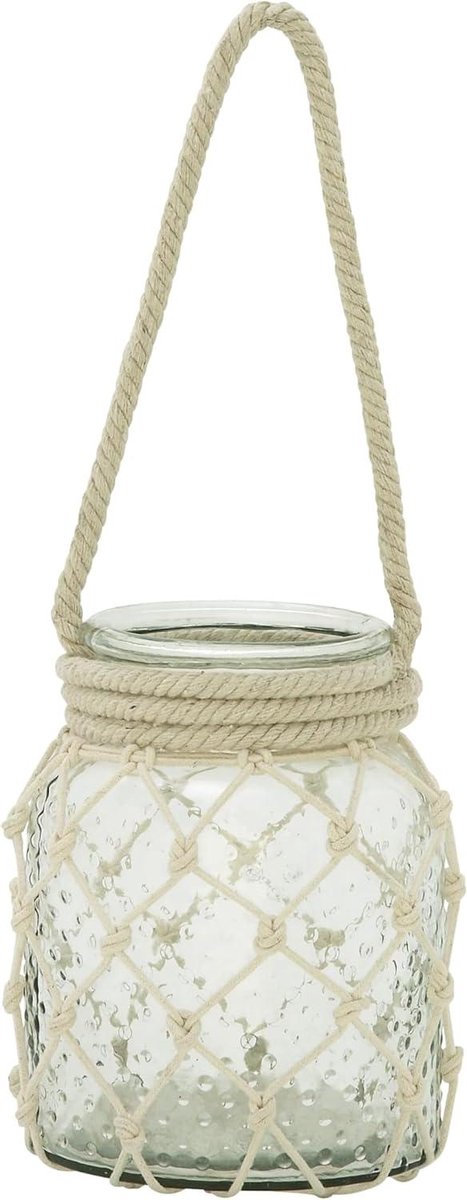 Glazen Touw Kaarslantaarn - Decoratieve Lantaarn - Sfeerverlichting Buiten - Gestructureerd Touwontwerp - 18 Inch Hoog - Blauwgroen Gebroken Wit
