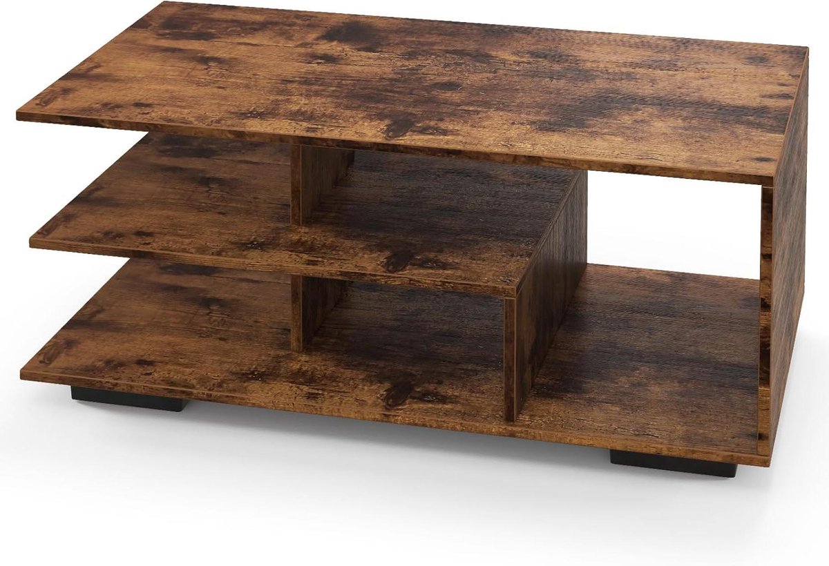 Salontafel Rechthoekig - Theetafel Drie Niveaus - Woonkamer Organiseren - Geometrisch Design L-Vorm - 90x50x42 cm - Bruin