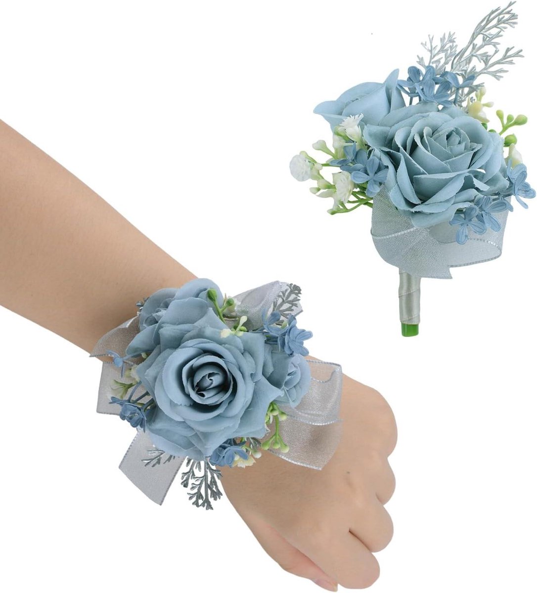 Pols Corsage Set - Bloemen Armband - Feestelijke Aankleding - Hoogwaardige Stof - 2 Stuks - Lichtblauw