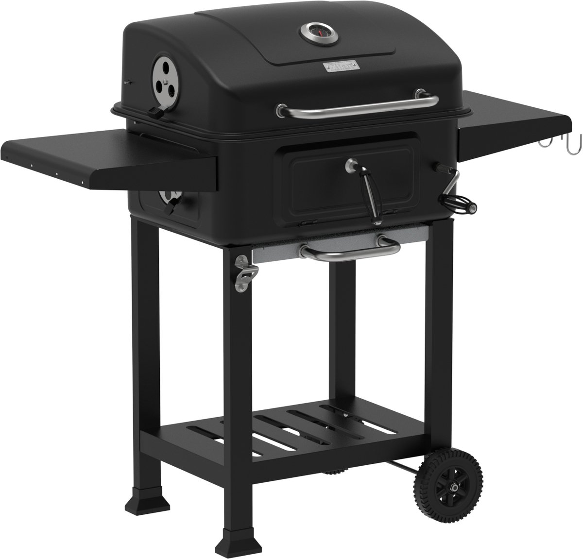 Houtskool Barbecue met Deksel en Wielen – Verrijdbare BBQ Grill – Thermometer – Verstelbare Kolenlade – Zijtafels – 54 x 42,5 cm Grillrooster