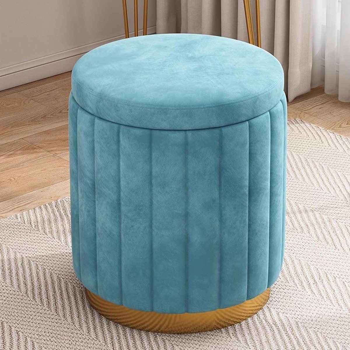 Moderne ronde fluwelen opbergpoef met afneembaar deksel en gouden metalen voet blauw 17"x13.4"