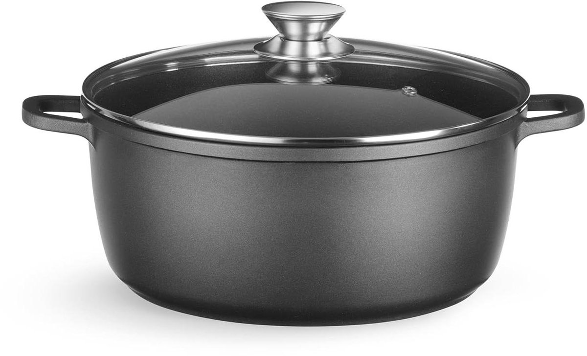 HENDI Frying pan, with lid, suitable for all heat sources, induction base, oven-safe, non-stick coating, cooking pan, serving pan, 9L, 405x332x(H)138mm, cast aluminium, glass, black