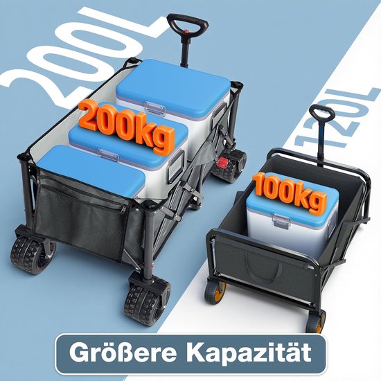 Bolderkar Opvouwbaar - Strandwagen Handwagen - Buitenshuis Transport - Met Remmen - 200 Liter - Grijs van Merkloos — afbeelding 2