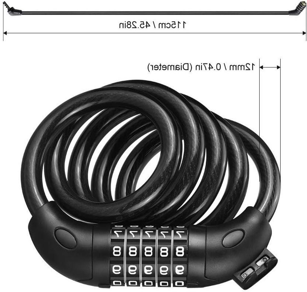 Fietsslot Cijferslot - Fietsbeveiliging Kabel - Fiets Diefstalpreventie - Hoge Weerstand Staal - 1200mm x 12mm - Zwart
