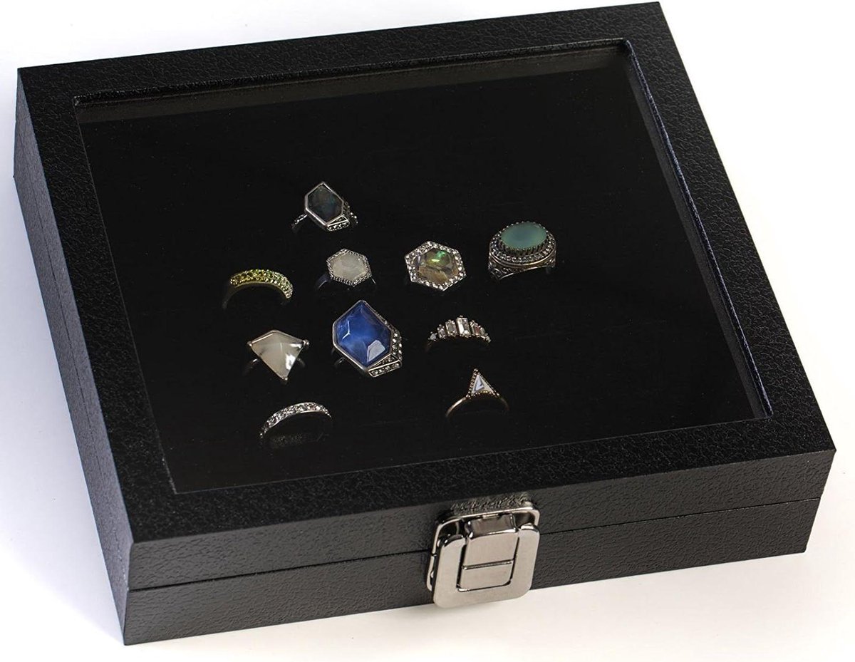 Glazen Display Box - Juwelen Organizer - Sieraden Presenteren - Velvet Inleg - Rechthoekig - Zwart