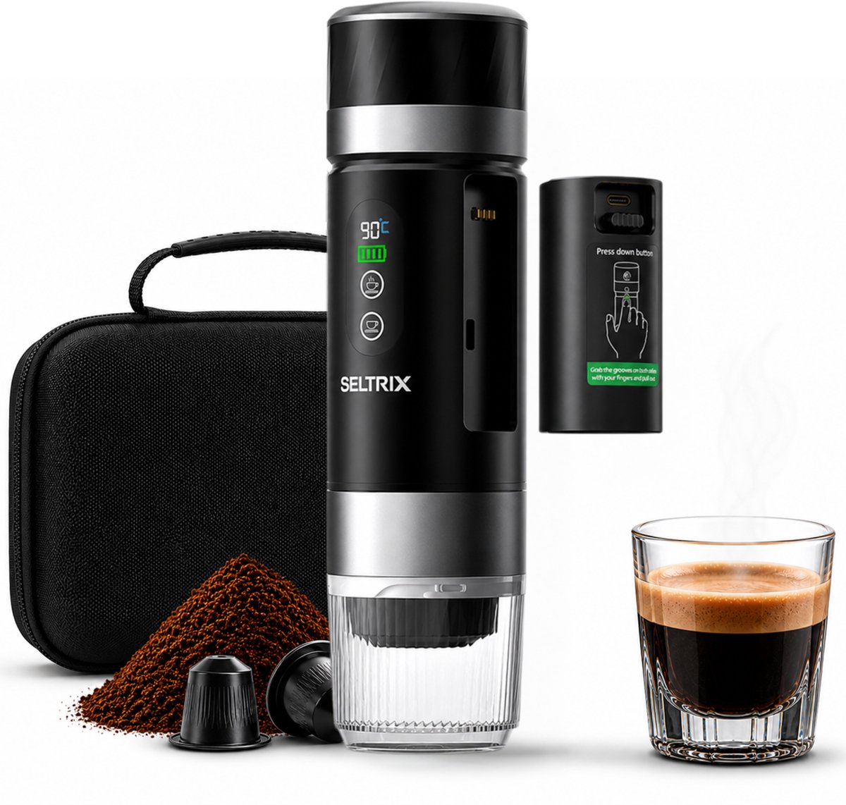 Draagbare koffiemachine - Verwisselbare Accu - 20 Bar - Inclusief Beschermhoes - Espressomaker voor Onderweg - 150 ml - 7500 mAh Oplaadbaar - Draagbaar koffiezetapparaat - Cups & Gemalen Koffie - Camping & Reizen - Espresso & Lungo - Seltrix - Zwart — afbeelding 1