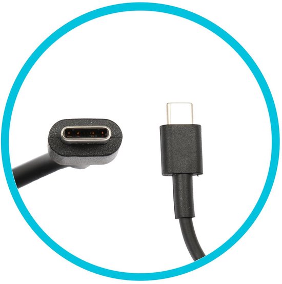 Twee USB-C connectoren, één recht en één onder een hoek, binnen een blauwe cirkel.