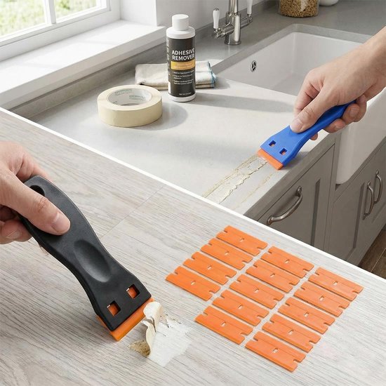 2 stuks lijmverwijderingsschrapers x 2 + 20 kunststoffolies, laminaatwas-reparatieset, geschikt voor houtreparaties, vloervulling en reparatie van krassen (blauw, zwart) — afbeelding 3