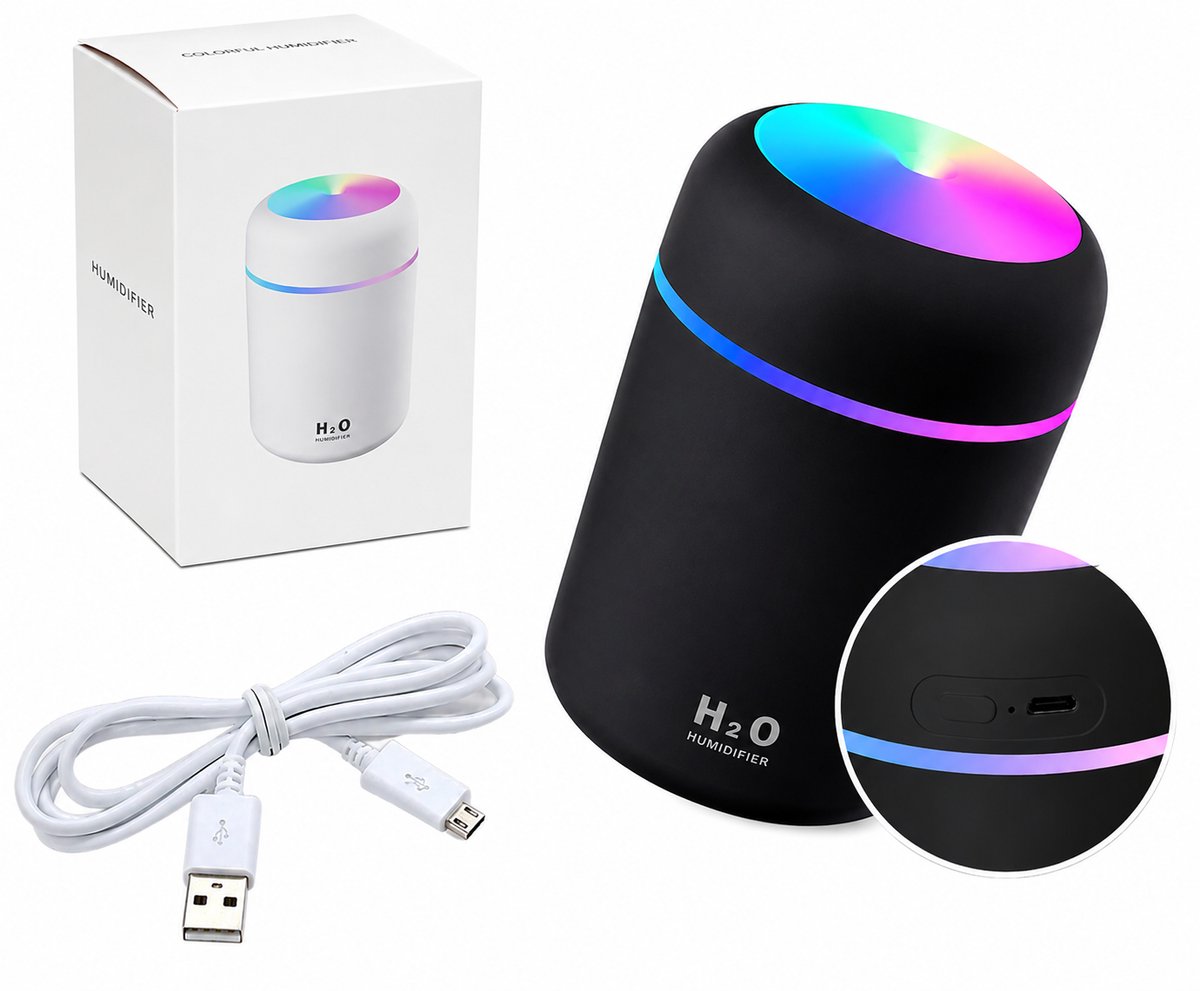 Aroma Diffuser & Luchtbevochtiger | Slaapkamer, Babykamer & Auto | 300 ml USB | 2 Mist-Standen | Fluisterstil 26 dB | LED Nachtlampje | Zwart