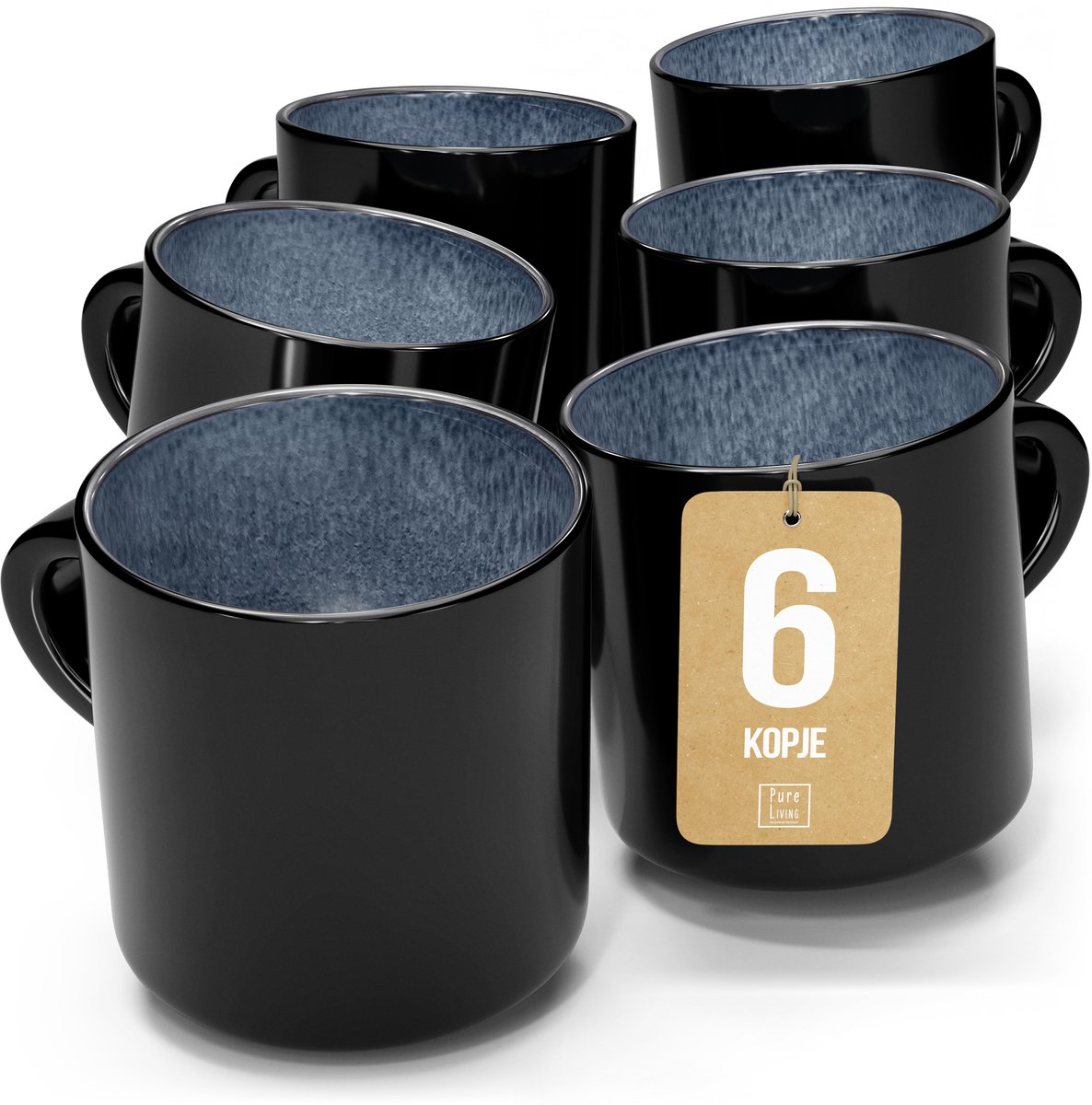 Pure Living Ibiza Dark Set Van 6 Koffiekopjes - 350ml - Rookblauw - Aardewerk - Vaatwasserbestendig - Magnetronbestendig