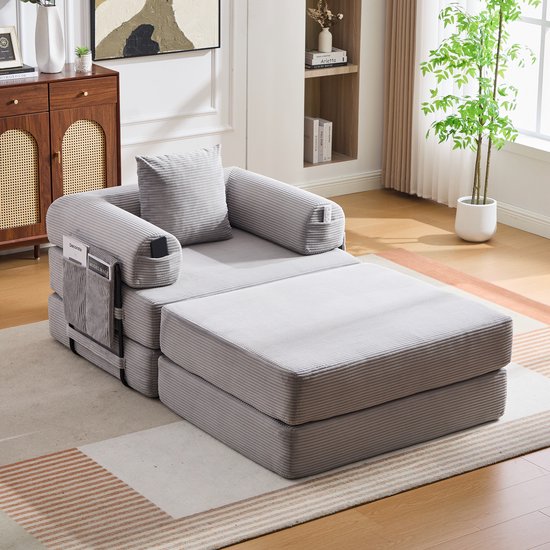 Wishdor Modulaire Fauteuil Met Hocker - Ergonomisch En Ruimtebesparend - Modern Ontwerp Voor Woonkamer - Ribstof En Metaal - Lichtgrijs - 112 X 190 X 67 Cm