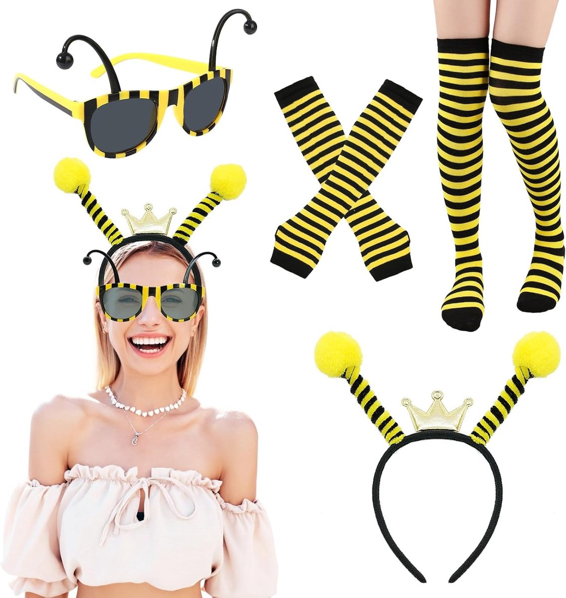 Complete set van 4 bijen kostuumaccessoires voor meisjes, inclusief bijenband, brillen, lange mouwen en sokken voor carnaval en themafeesten
