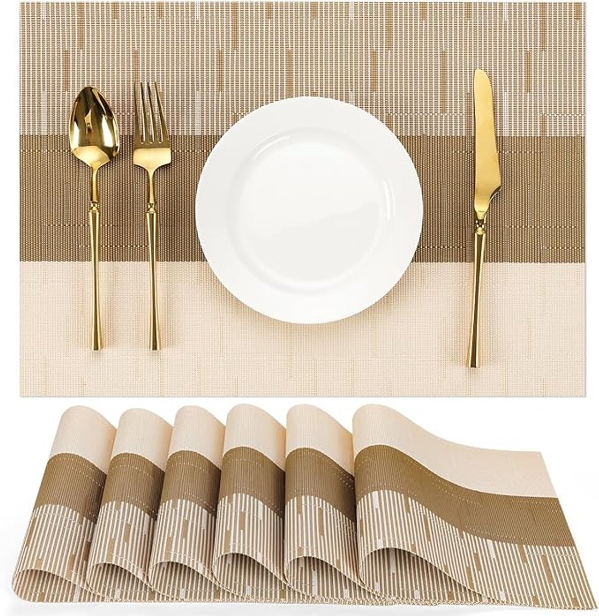 Set van 6 Geweven Vinyl Placemats - Antislip & Hittebestendig - Beige