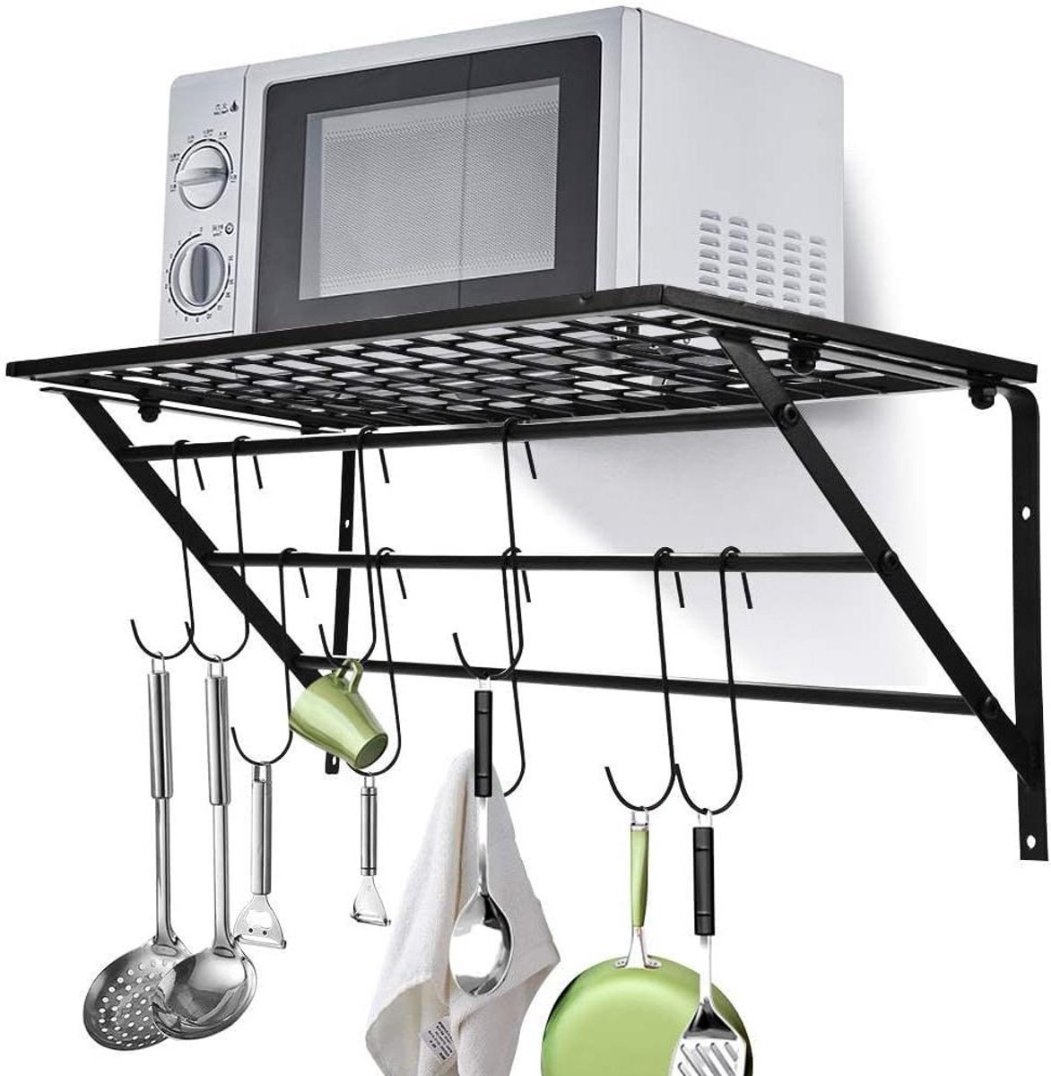 Keukenrek - Wandrek - Keuken organiseren - Met 10 haken - 62 x 25.5 cm - Zwart