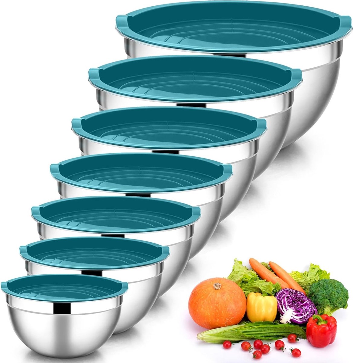 Mixkommen Set van 7 Stuks, Rvs Stapelbare Saladeschalen met Luchtdichte Deksel voor Bakken en Koken, Vaatwasserbestendig, Ideaal voor Bereiden en Serveren, Capaciteit van 0.7L tot 6.5L