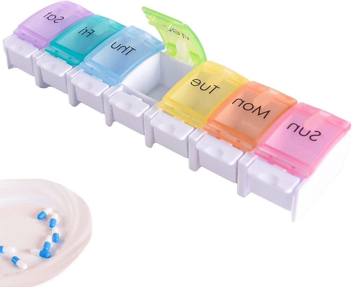 Pillendoos voor 7 Dagen met Veermechanisme, BPA-vrij Organiser voor Vitamines, Voedingssupplementen en Reisgeneesmiddelen